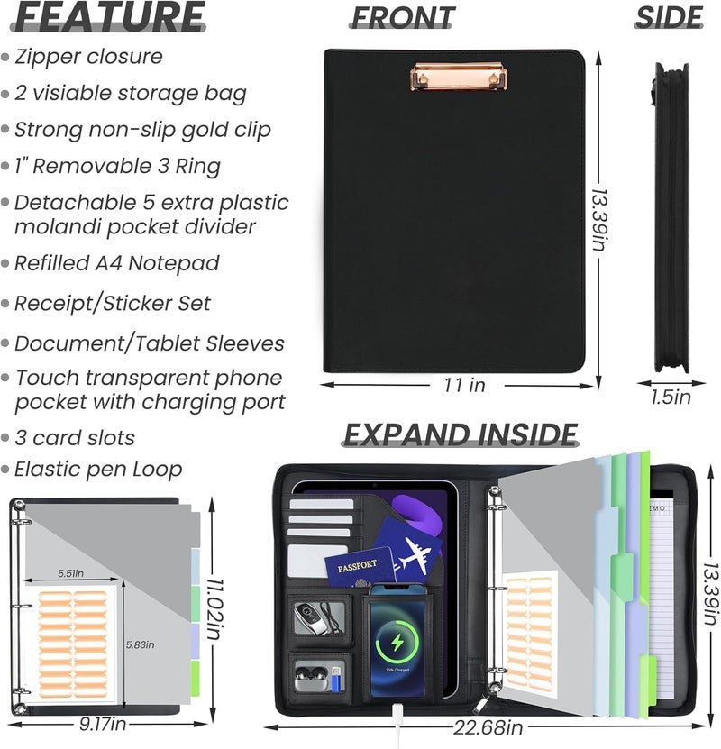 KLLVE Clipboard with Storage for Men Women, Leather Padfolio Portfolio with Zipper, 1 Inch 3 Ring Binder 5 Dividers, Notepad for Letter Size, Elastic Closure and Pen Loop, Card Slot Black - Image 2